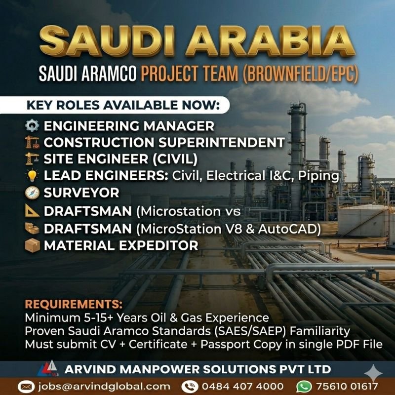 Saudi Aramco Project Jobs in Saudi Arabia (Brownfield / EPC) – Apply Now