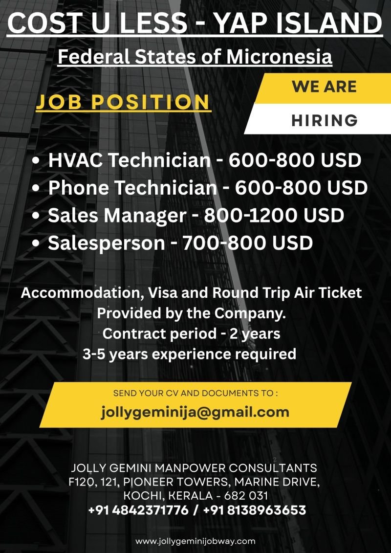 Jobs in Yap Island, Micronesia – HVAC, Sales & Technician Roles | Apply Now