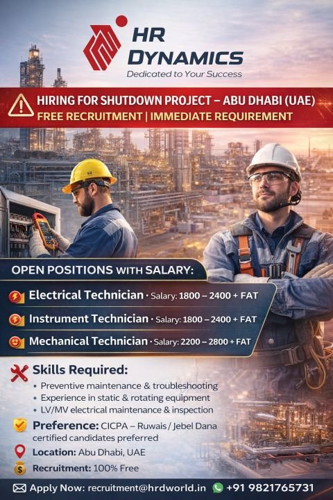 Shutdown Project Jobs in Abu Dhabi (UAE) – Free Recruitment | Immediate Hiring