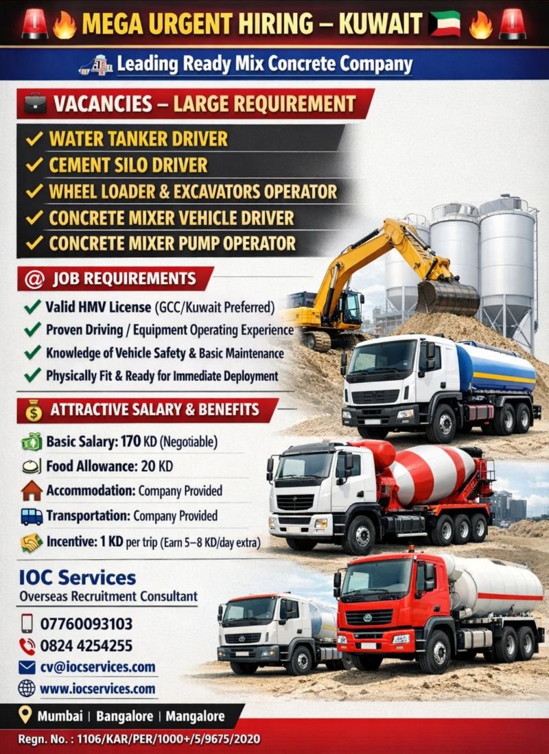 Kuwait Mega Urgent Hiring 2026 – Ready Mix Concrete Company Jobs