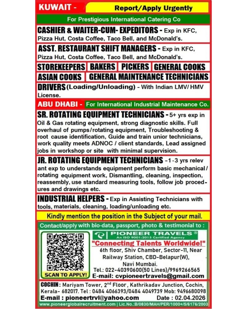 Urgent Hiring For Kuwait & Abudhabi