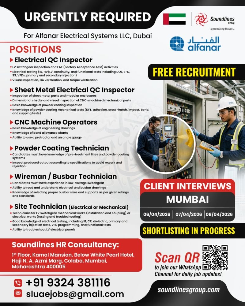 Hiring Urgently For Alfanar Electrical Systems LLC, Dubai