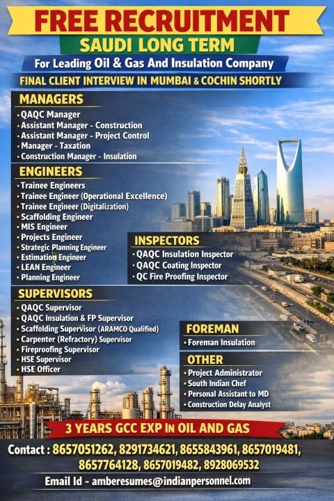 Saudi Arabia Jobs 2026 – Free Recruitment for Long-Term Oil & Gas Projects
