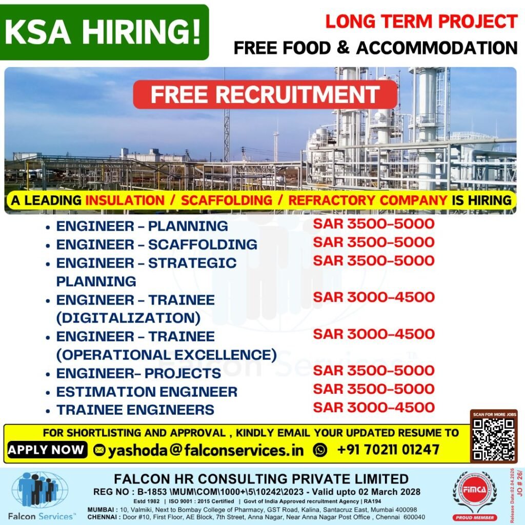 Saudi Arabia : hiring for a long-term project with free recruitment, food, and accommodation.