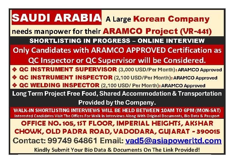 ARAMCO Project Jobs in Saudi Arabia for QC Inspectors and Supervisors – Korean Company Hiring