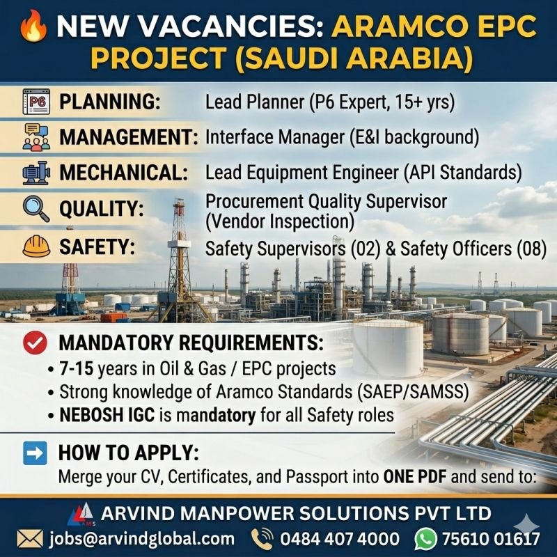 ARAMCO EPC Project Jobs in Saudi Arabia 2026 | Apply Now ARAMCO EPC Project Jobs in Saudi Arabia 2026 | Apply Now