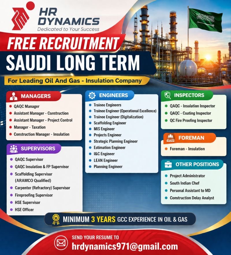 Saudi Arabia Oil & Gas Jobs 2026 – Managers, Engineers, Inspectors & Supervisors Hiring (Free Recruitment) Saudi Arabia Oil & Gas Jobs 2026 – Managers, Engineers, Inspectors & Supervisors Hiring (Free Recruitment)