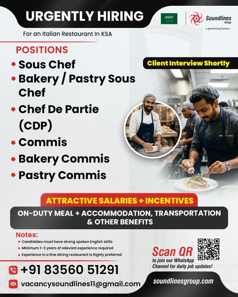 Urgent Hiring For an Italian Restaurant In Saudi Arabia