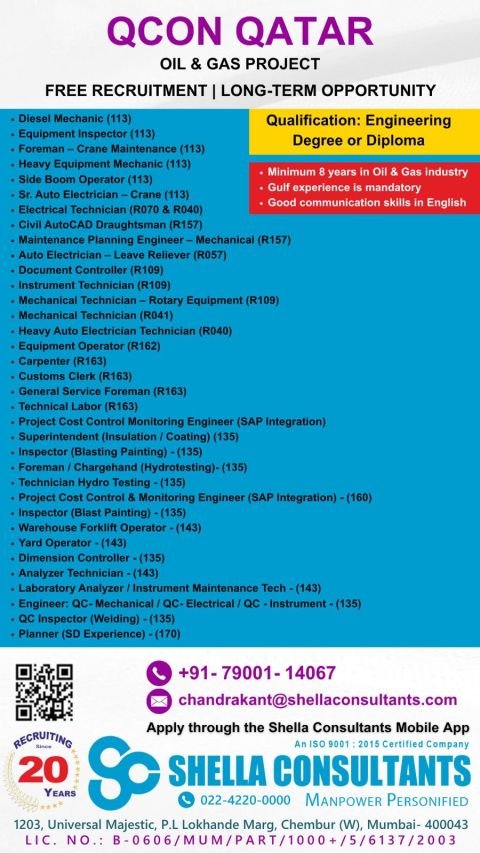 Qatar Oil & Gas Jobs 2026 – QCON Project Vacancies | Apply Today