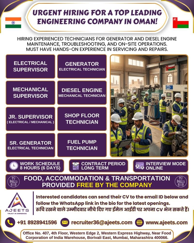 Urgent Hiring For A leading engineering company in Oman