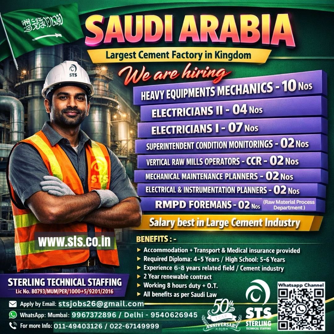 Saudi Arabia Jobs 2026 – Cement Factory Hiring 