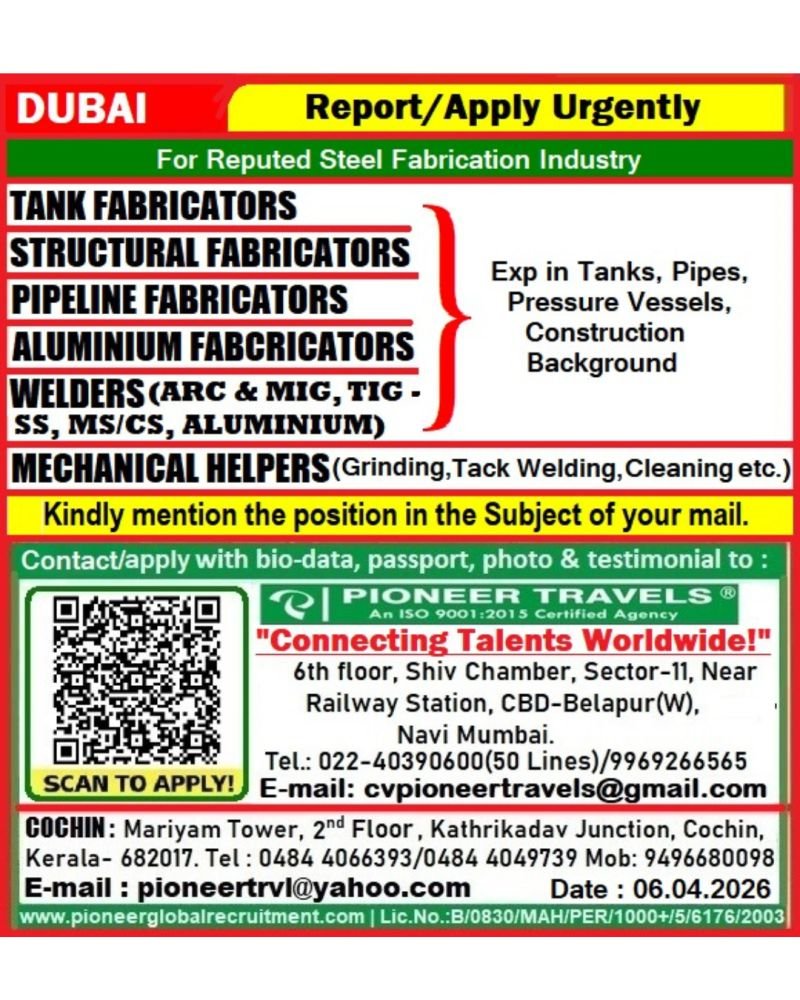 Dubai Jobs 2026 – Urgent Hiring for Steel Fabrication Industry | Apply Now