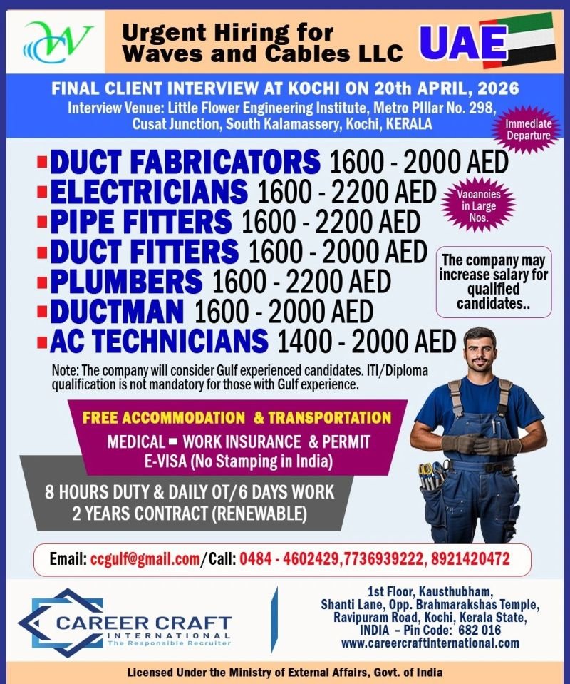 UAE Jobs 2026 – Urgent Hiring for Waves and Cables LLC | Free Accommodation 