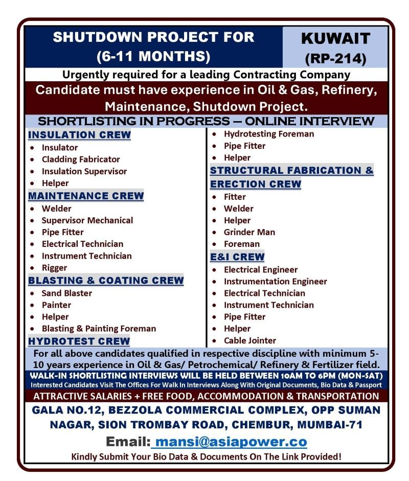 Kuwait Shutdown Project Jobs 2026 – Oil & Gas Vacancies | Free Food & Accommodation