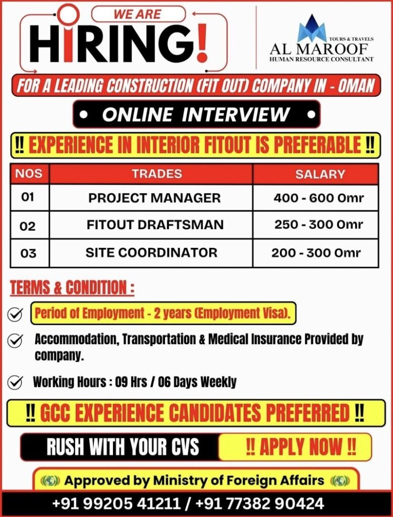 Oman Construction Jobs 2026 – Project Manager, Draftsman & Site Coordinator | Apply Online