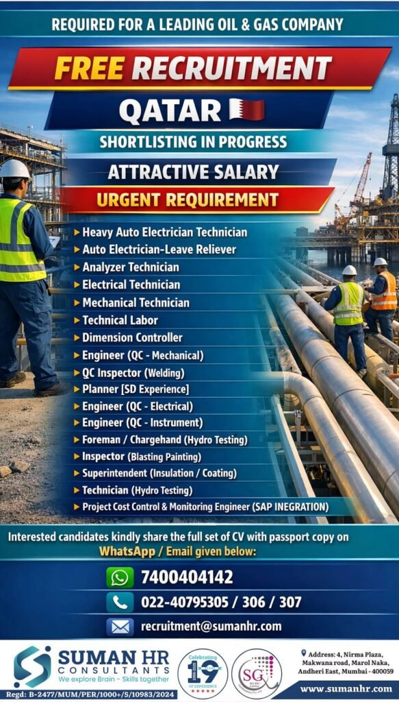 Qatar Oil & Gas Jobs 2026 – Free Recruitment | Multiple Technician & Engineer Vacancies