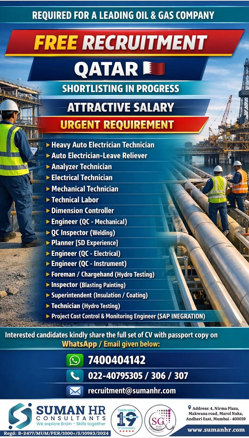 Qatar Oil & Gas Jobs 2026 – Free Recruitment | Multiple Technician & Engineer Vacancies