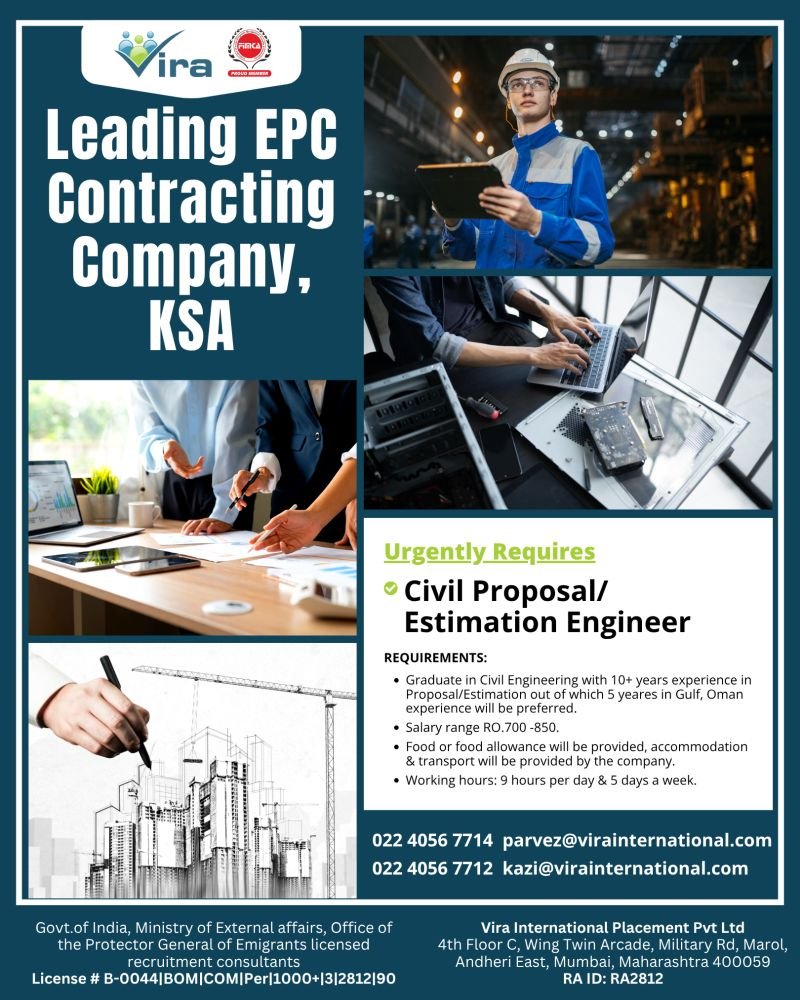 Saudi Arabia EPC Jobs 2026 – Civil Proposal / Estimation Engineer Vacancy Saudi Arabia EPC Jobs 2026 – Civil Proposal / Estimation Engineer Vacancy