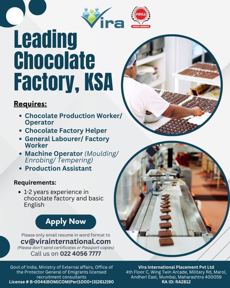 Saudi Arabia : Hiring For Chocolate Factory 
