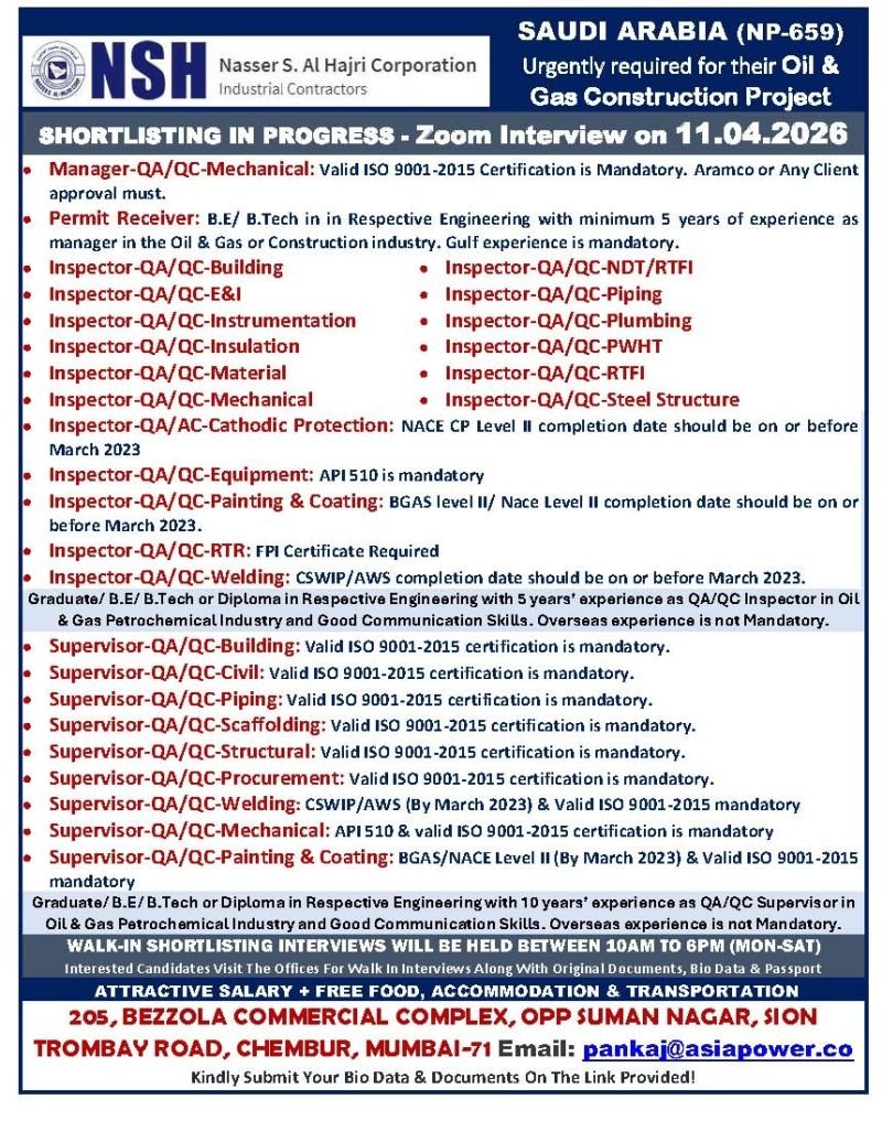 Urgent Hiring for Oil & Gas Project in Saudi Arabia