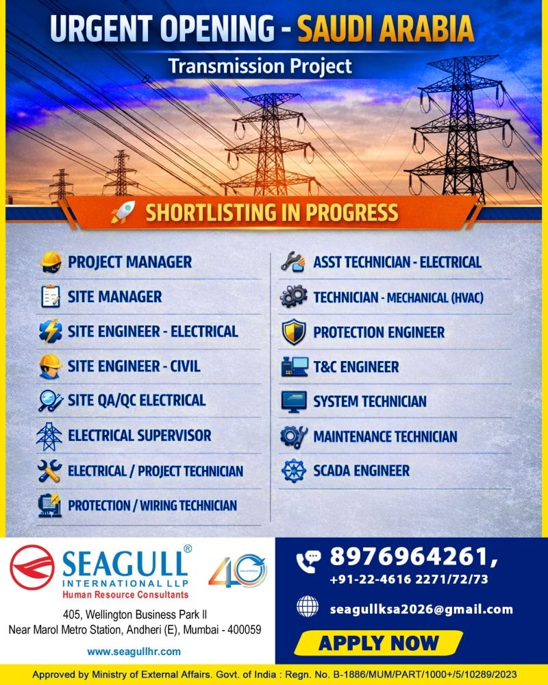 Urgent Transmission Project Jobs in Saudi Arabia – Engineers, Managers & Technicians Hiring (2026) Urgent Transmission Project Jobs in Saudi Arabia – Engineers, Managers & Technicians Hiring (2026)