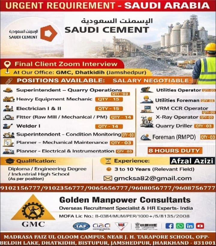Urgent Recruitment for Saudi Cement Company (Saudi Arabia)