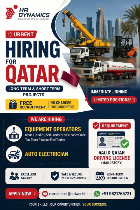 Qatar Jobs 2026 – Equipment Operators & Auto Electricians | Free Recruitment | Apply Now