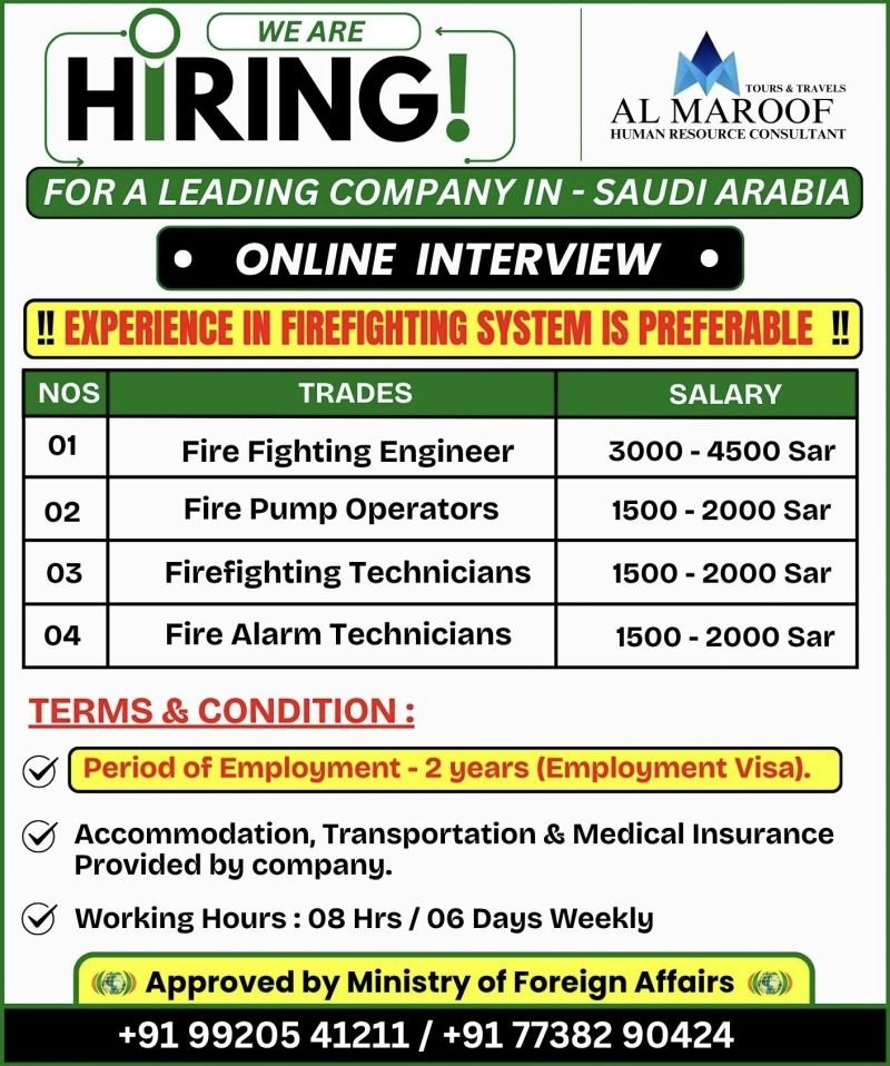 Firefighting Jobs in Saudi Arabia 2026 | Apply for Fire Fighting Engineer, Technician & Pump Operator