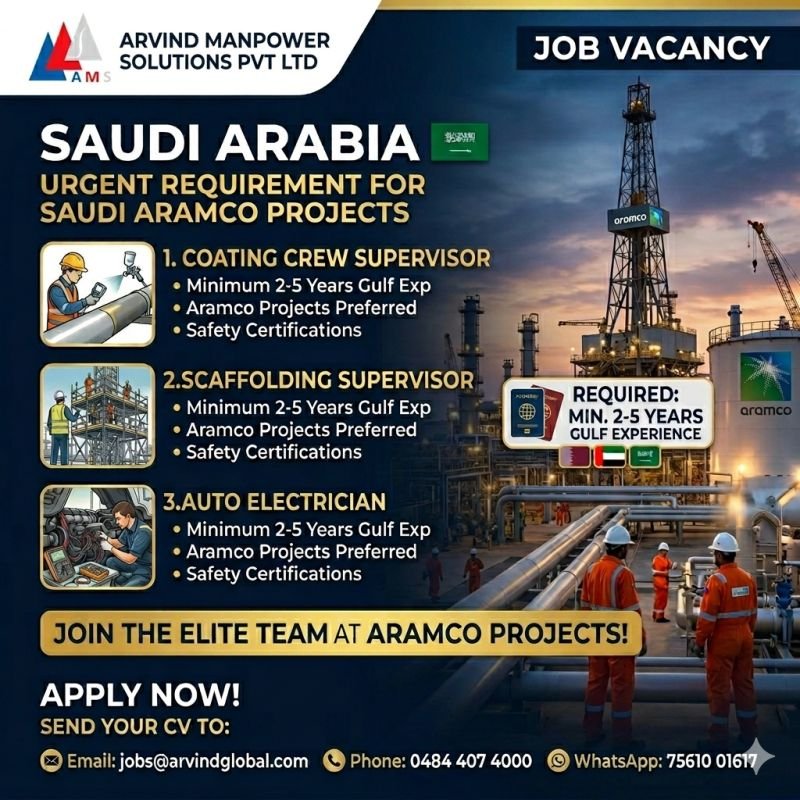 Saudi Arabia Jobs 2026 – Aramco Projects Hiring Supervisors & Electricians | Apply Now Saudi Arabia Jobs 2026 – Aramco Projects Hiring Supervisors & Electricians | Apply Now
