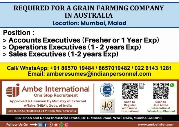 Australia Jobs 2026 – Hiring For A reputed grain farming company | Freshers Can Apply