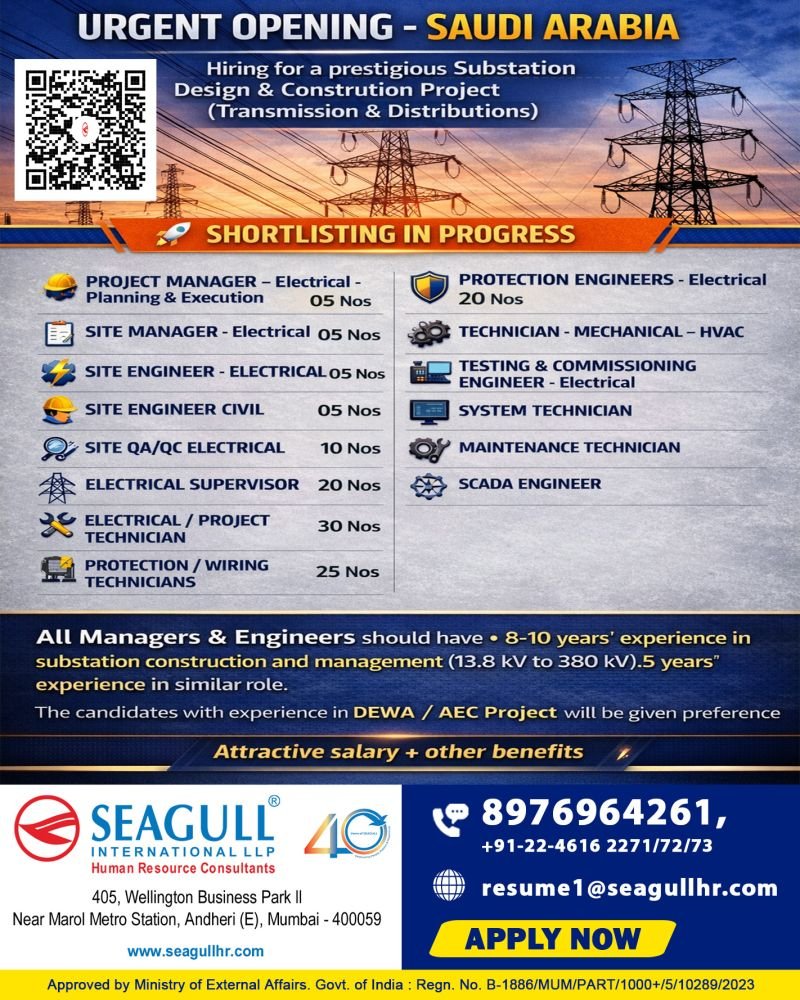 Urgent Hiring for Saudi Arabia Substation Project – Multiple Engineering & Technician Jobs 2026 Urgent Hiring for Saudi Arabia Substation Project – Multiple Engineering & Technician Jobs 2026