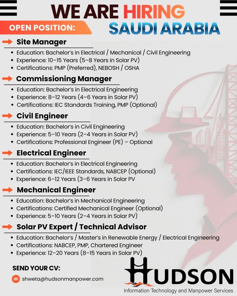 Hiring For Solar PV Project in Saudi Arabia Hiring For Solar PV Project in Saudi Arabia