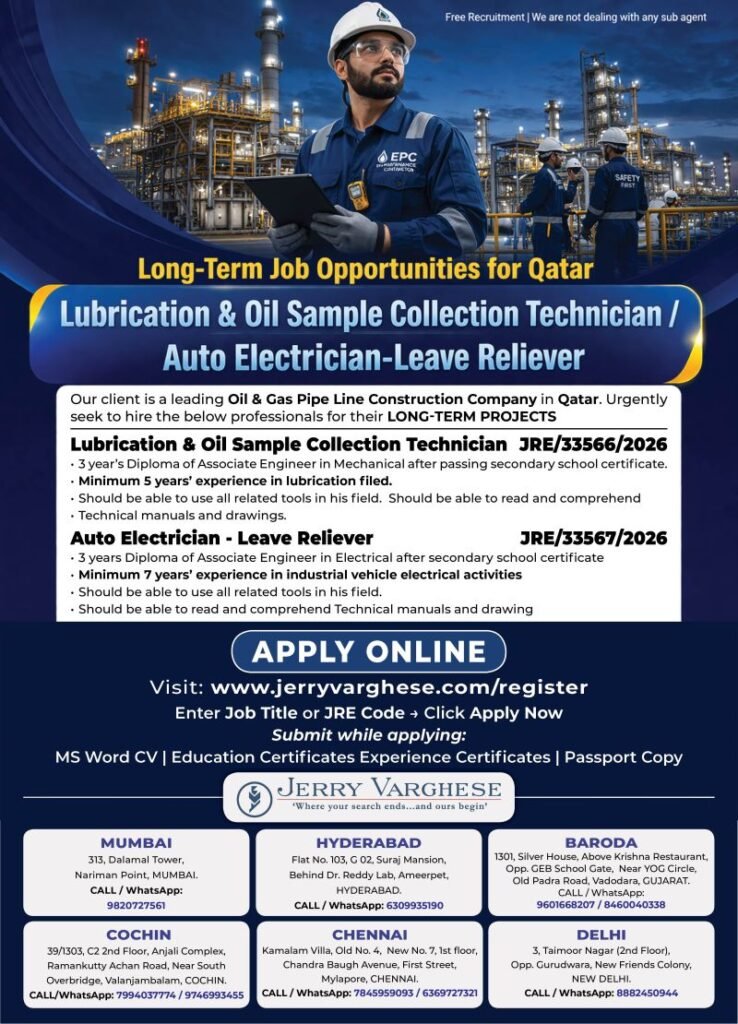 Hiring For a leading Oil & Gas Pipe line construction company in Qatar Hiring For a leading Oil & Gas Pipe line construction company in Qatar