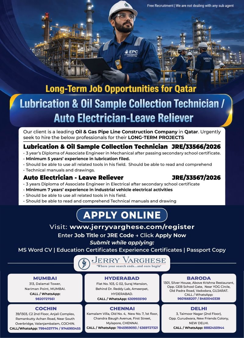 Hiring For a leading Oil & Gas Pipe line construction company in Qatar