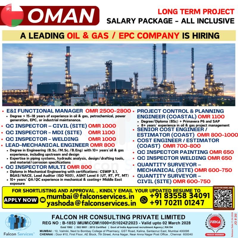 Oman hiring for a long-term oil & gas / EPC project with an all-inclusive salary package. Oman hiring for a long-term oil & gas / EPC project with an all-inclusive salary package.