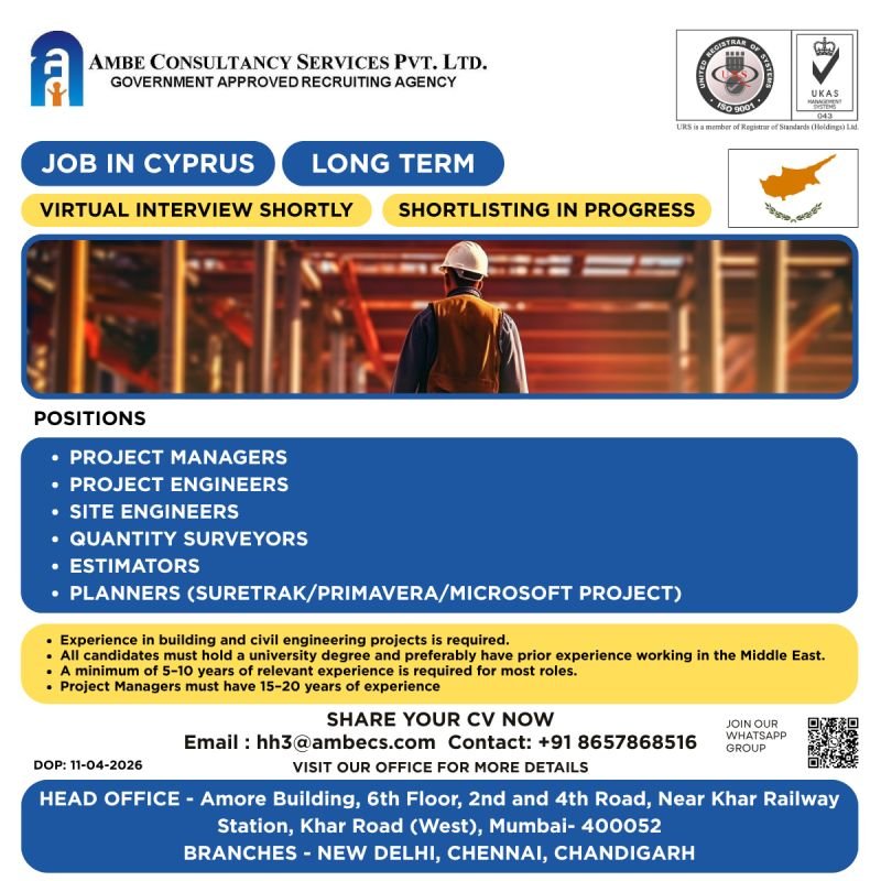Urgent Hiring for Cyprus – Engineering & Construction Jobs