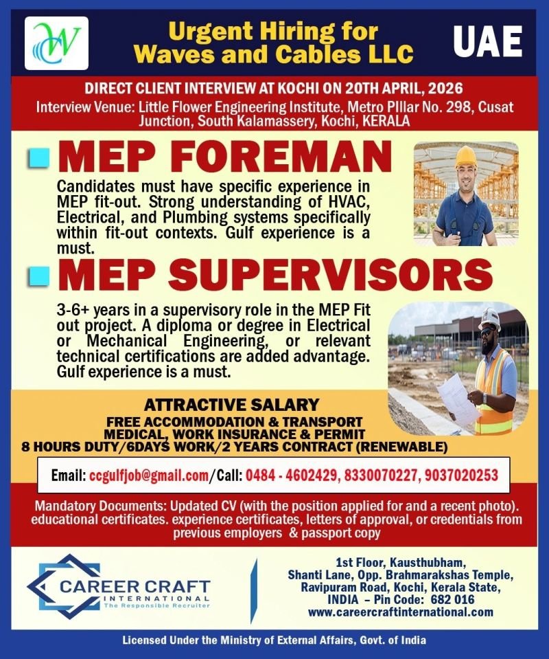 Urgent Hiring for UAE – Waves and Cables LLC Urgent Hiring for UAE – Waves and Cables LLC