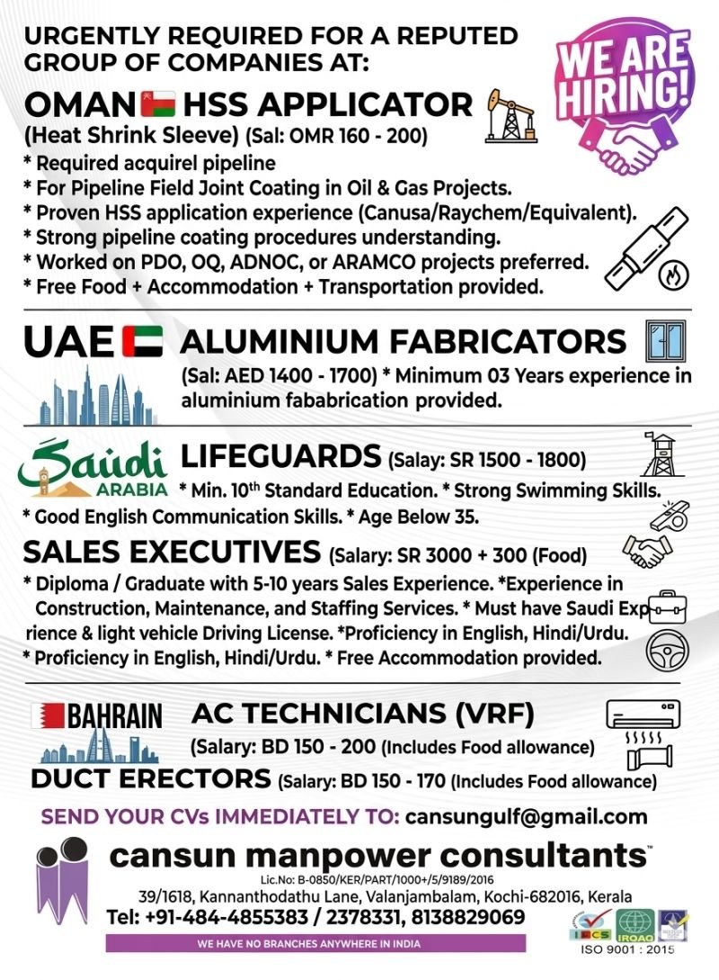 Multiple Job Vacancies in Oman, UAE, Saudi Arabia & Bahrain