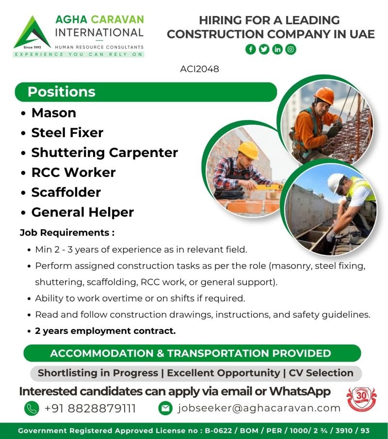 UAE : Hiring For Leading Construction Company UAE : Hiring For Leading Construction Company