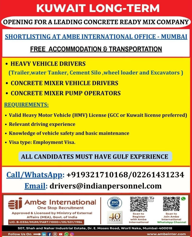 Kuwait Jobs 2026 – Ready Mix Company Hiring Drivers & Operators