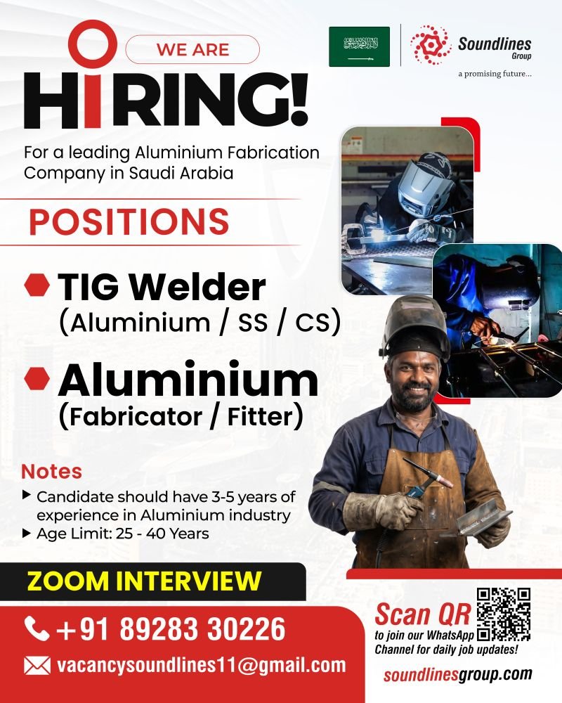 Hiring For a leading Aluminium Fabrication Company in Saudi Arabia Hiring For a leading Aluminium Fabrication Company in Saudi Arabia