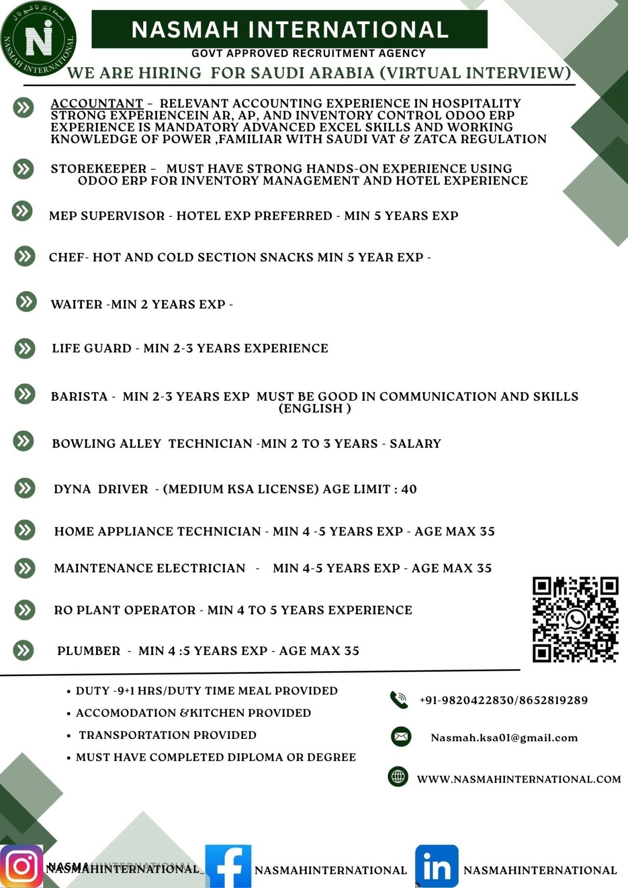 hiring for a real estate company for their restaurant and property in Kingdom of Saudi Arabia