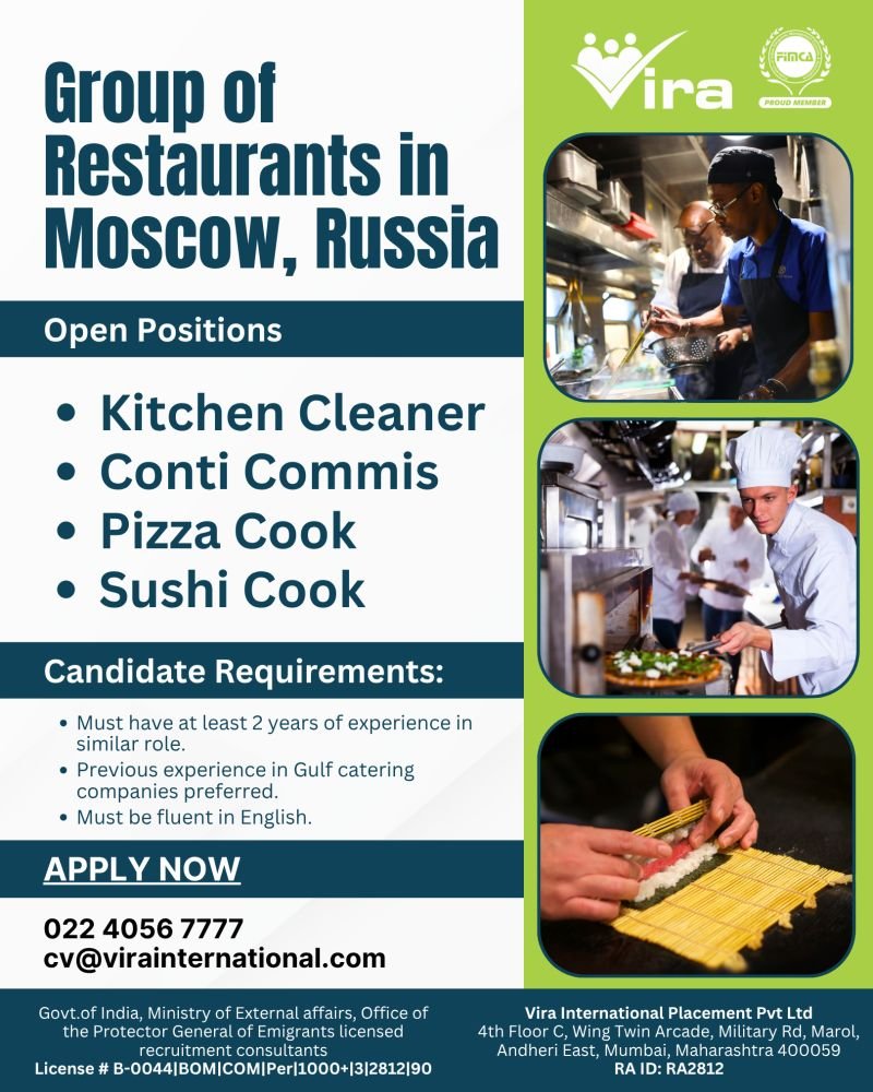 hiring for a prestigious Group of Restaurants in Moscow, Russia hiring for a prestigious Group of Restaurants in Moscow, Russia