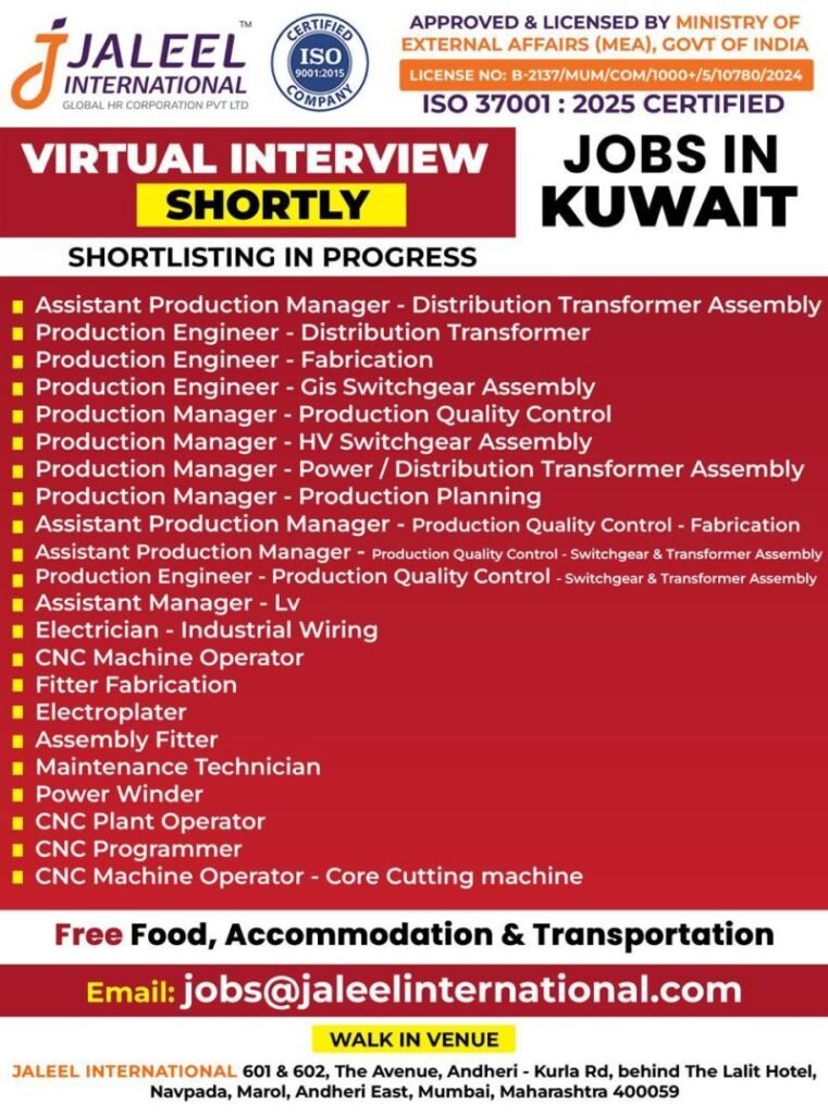 Urgent Hiring for Kuwait – Engineering & Manufacturing Jobs