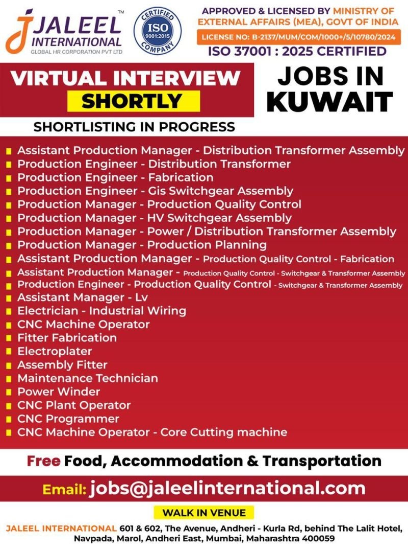 Urgent Hiring for Kuwait – Engineering & Manufacturing Jobs