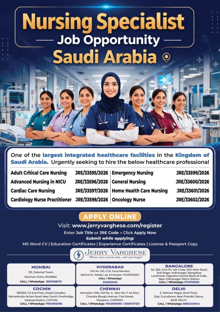 Nursing Specialist Job Opportunity For a largest integrated healthcare facilities in Saudi Arabia