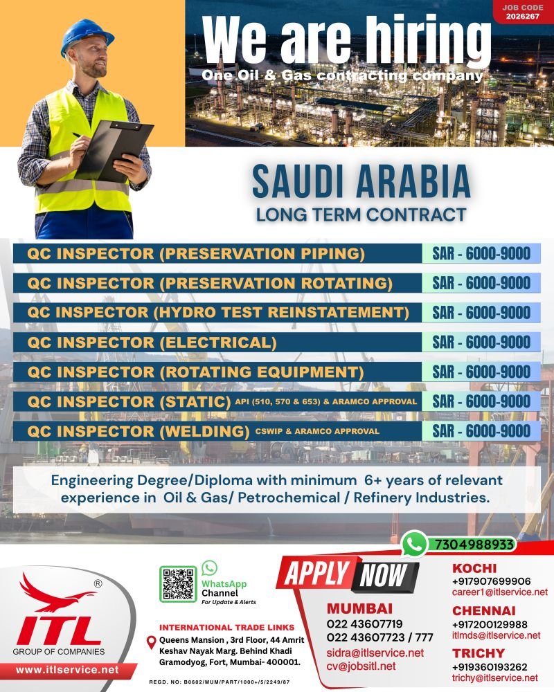 Urgent Hiring for QC Inspectors in Saudi Arabia – Oil & Gas Project Urgent Hiring for QC Inspectors in Saudi Arabia – Oil & Gas Project