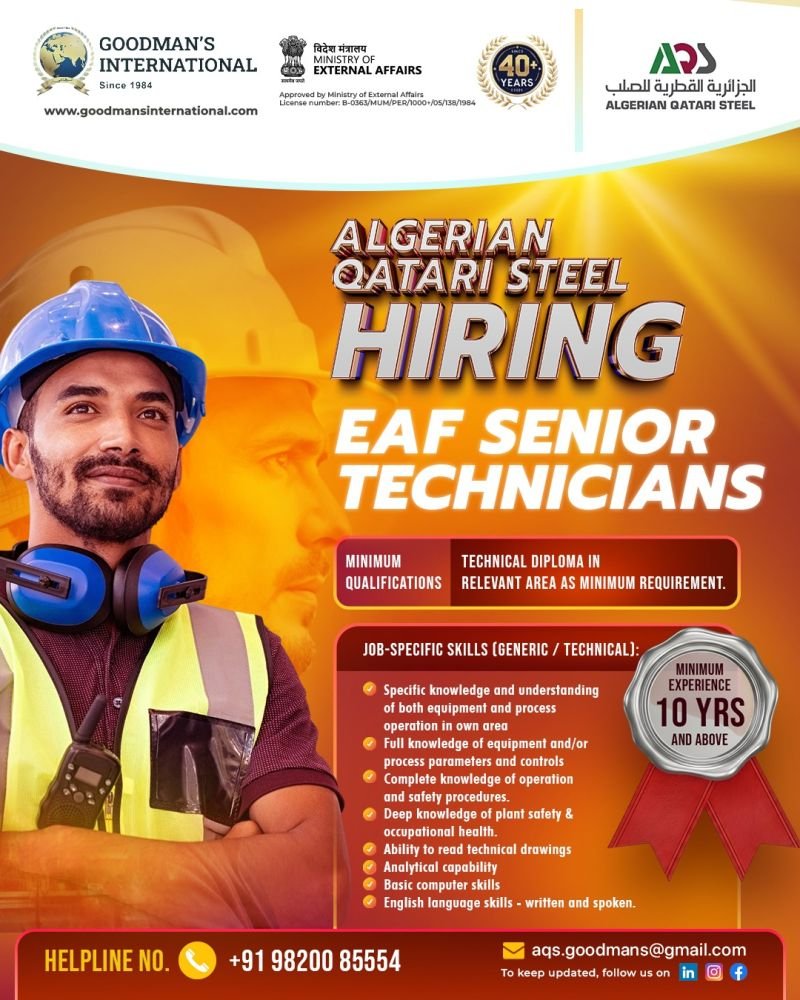 EAF Senior Technician Jobs in Algeria (2026) – Algerian Qatari Steel Hiring Now