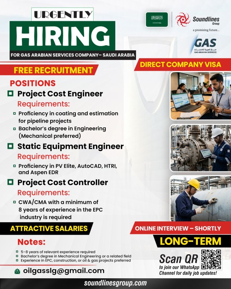 Hiring For Gas Arabian Services Company in Saudi Arabia