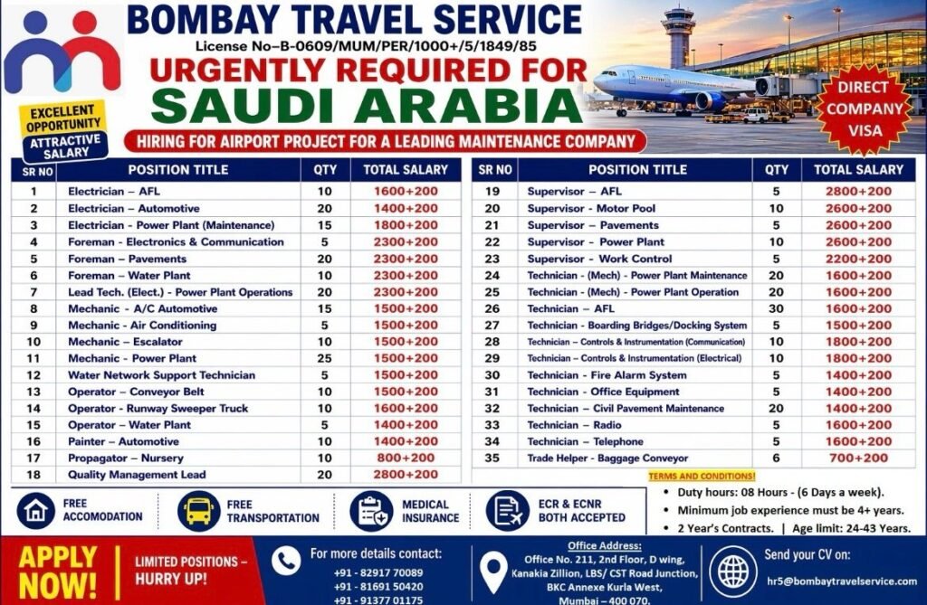 Urgent Hiring for Saudi Arabia Airport Maintenance Project